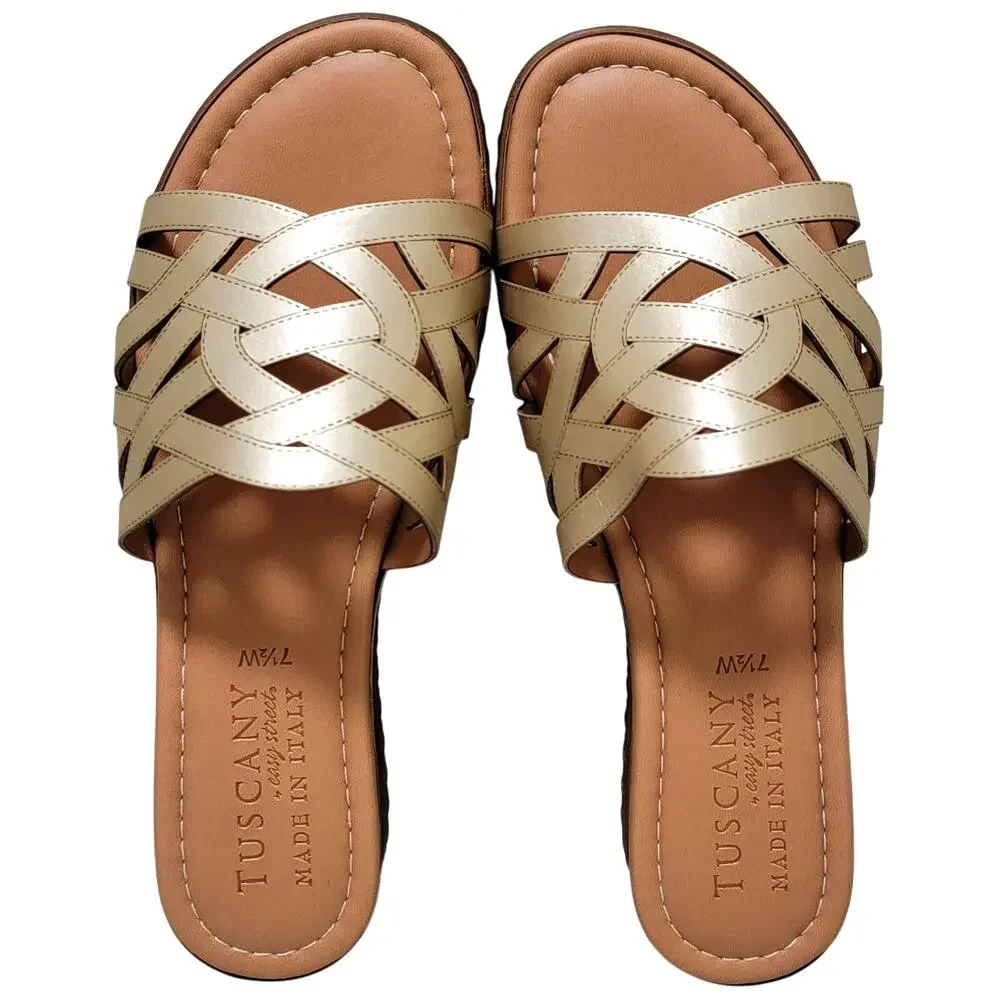 Easy Street Tuscany Women Edda Wedge Heel Slide Sandals Size US 7.5W Champagne